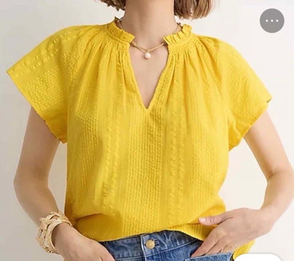 J. Crew Women's Flutter-sleeve V-neck Top Yellow Cotton Dobby Peasant Blouse XS